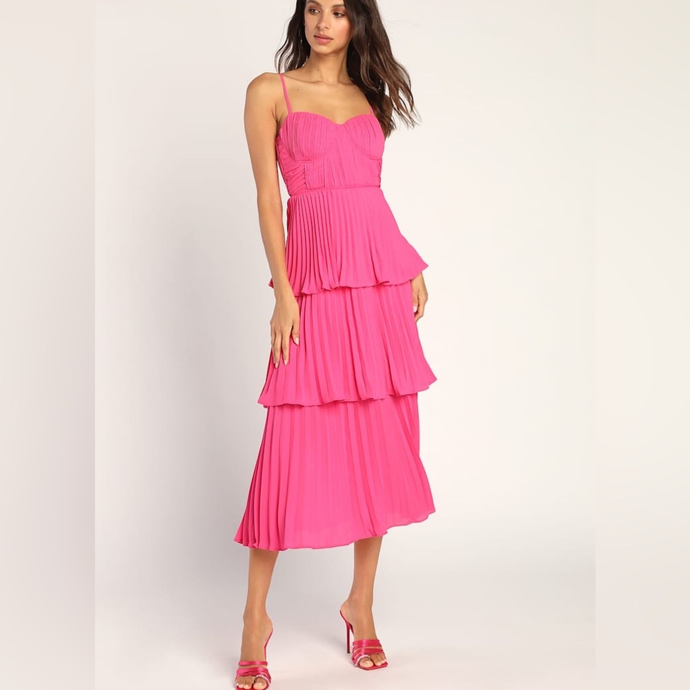 NWT Lulus Cascading Crush Hot Pink Tiered Midi Dress